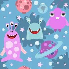 Behang Monsters Grappige Monsters naadloze patroon - Cartoon Cute Aliens en planeten. Vectorillustratie. Afdrukken voor behang, babykleding, inpakpapier. Patroon bevat geen verlopen en uitknipmaskers.