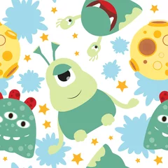Behang Monsters Grappige Space Monsters naadloze patroon - Cartoon Cute Aliens en planeten. Vectorillustratie. Afdrukken voor behang, babykleding, inpakpapier. Patroon bevat geen verlopen en uitknipmaskers.