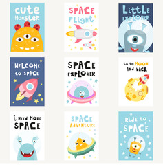 Space Posters Set - Cartoon Aliens and Galaxy Monsters with Shuttles, Rockets and Spaceships. Kids Illustration for Baby Clothes, Greeting Card, Nursery Decor. Vector Illustration.