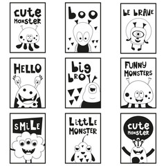 Cartoon Funny Monsters - Monochrome Posters Set. Kids Prints for Baby T-shirt, Greeting Card, Nursery Decor. Vector Illustration. Black and White Placards.