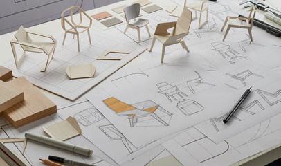 Designer sketching drawing design development product plan draft chair armchair Wingback Interior...