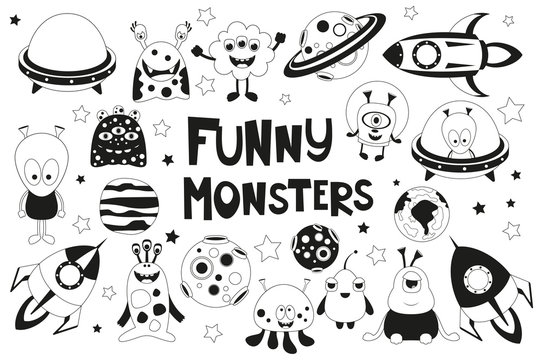 Funny Monsters Space Set. Monochrome Cute Aliens, Planets, Rockets, UFO. Isolated on White background. Vector illustration. Black and White Cliparts.