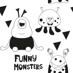 Printed kitchen splashbacks Monsters Space Seamless pattern - Cartoon Aliens. Black and White Space background. Monochrome Vector Illustration. BW Print for Wallpaper, Baby Clothes, Wrapping Paper. Text Funny Monsters.