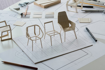 Designer sketching drawing design development product plan draft chair armchair Wingback Interior...