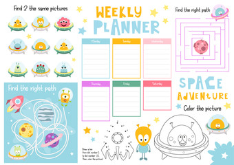 Obraz premium Funny Monsters Kids Weekly Planner Template. Schedule for Children. Set of Kids Puzzles for Preschool, Kindergarten, School. Vector illustration.