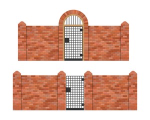 Steel gate with brick fence vector illustration isolated on white background