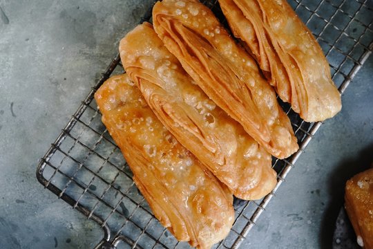 Homemade Indian sweet khaja /chirote or Madakku san, selective focus