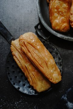 Homemade Indian sweet khaja /chirote or Madakku san, selective focus