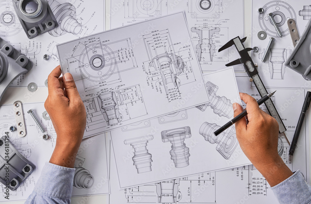 Poster engineer technician designing drawings mechanical parts engineering engine.manufacturing factory ind