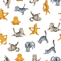 Cats yoga seamless pattern. Different yoga poses and exercises. Striped and tabby cat colors