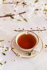 A cup of tea and blooming tree branches on a white table
