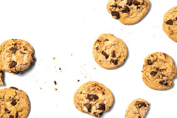 group pack of chocolate chip cookies isolated. White Background with clipping path.