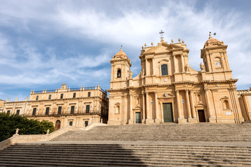 Fototapeta na wymiar Basilica and cathedral of San Nicolò in Sicilian baroque style. Small town of Noto, UNESCO world heritage site, Siracusa province, Sicily Island, Italy, Europe