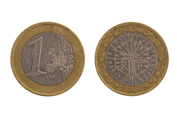 Euro coin, close up on both sides on white background