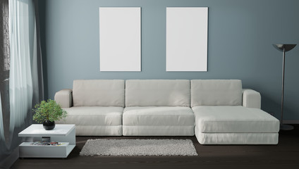 Modern living room with sofa in blue tones. 3d modeling design interior.