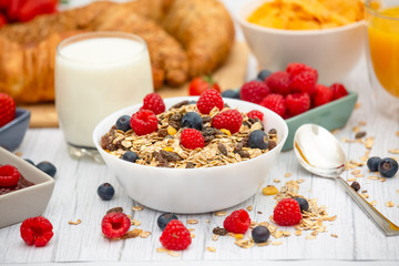 Breakfast Served in the morning with Butter croissant and corn flakes Whole grains and raisins with milk in cups and Strawberry, Blueberry, Raspberry, Kiwi, Fresh Orange Juice on the breakfast table.