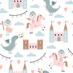 Childish seamless pattern with dragon, castle, knight in scandinavian style.