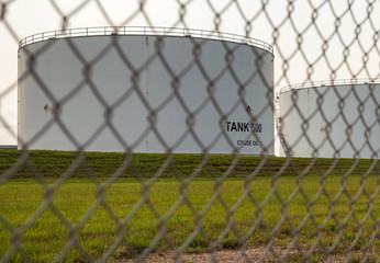Houston TX/USA - May 2020: Crude oil storage tanks in Webster, League City, Texas