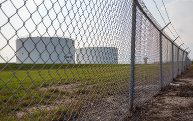 Houston TX/USA - May 2020: Crude oil storage tanks in Webster, League City, Texas