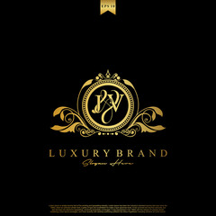 J & V JV logo initial Luxury ornament emblem. Initial luxury art vector mark logo, gold color on black background.