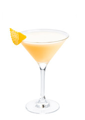 Whiskey sour alcoholic classic cocktail in a martini glass isolated on white background
