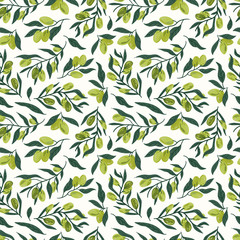 Green olives on a branch vector illustrations. Seamless pattern background. hand draw cartoon Scandinavian nordic design style for fashion or interior or cover or textile.