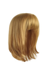 Subject shot of a natural looking straw blonde wig with bangs. The shoulder-long wig is isolated on the white background. 
