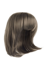 Fototapeta premium Subject shot of a natural looking ash gray wig with bangs. The shoulder-long wig is isolated on the white background. 