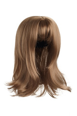 Fototapeta premium Subject shot of a natural looking champagne blonde wig with bangs. The shoulder-long wig with twisted strands is isolated on the white background. 