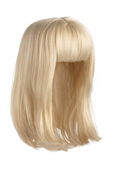 Fototapeta premium Subject shot of a natural looking golden blonde wig with bangs. The shoulder-long wig is isolated on the white background. 