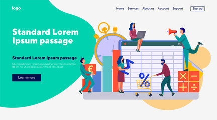 Accounting app vector illustration. Professionals working on financial reports, analyzing data sheet. Team of accountant using bookkeeping software