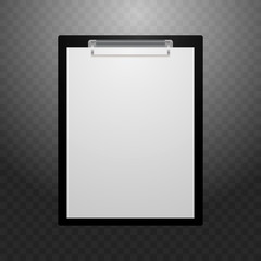 A tablet for writing with a white sheet. A tablet for writing on a black background with a gradient. Vector illustration. Stock Photo.