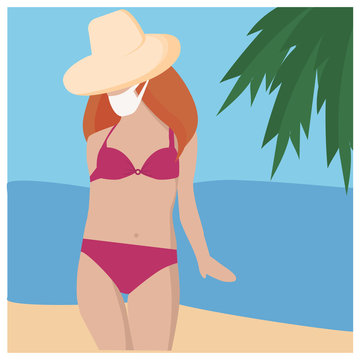 Girl on the beach in a surgical mask.
coronavirus. Simple flat style vector illustration. Quarantine, rest, beach.