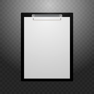 A tablet for writing with a white sheet. A tablet for writing on a black background with a gradient. Vector illustration. Stock Photo.