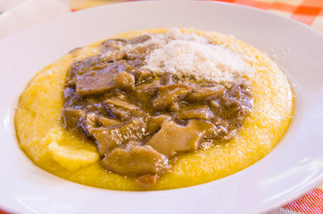 hot and steaming corn polenta topped with mushroom sauce ready for your meal