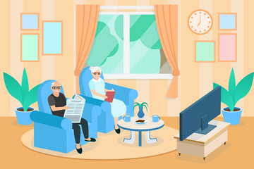 grandfather and grandmother are sitting on a sofa and watch TV in living room, Grandfather reading the newspaper, Grandma reading a book, Senior couple sit on a couch in house, stay at home.