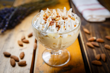 almond pudding dessert with whipped cream