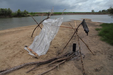 Shelter for protection against a thunderstorm.  During rafting along the Irtysh, the weather can...