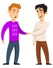 Men of different nationalities shake hands. Smiling characters in cartoon style.