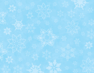 Fototapeta na wymiar Blue snowflake background. Winter wonderland scene. Frosty frozen backdrop. Christmas background