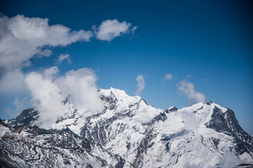 Panoramic view mountains with snow in Chaurikharka, Annapurna nature reserve, Nepal
