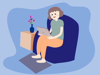 Woman use a tablet on blue sofa. Work from home. Flat design. Character illustration.