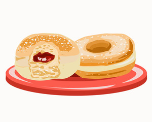 Two doughnuts with filling on a plate