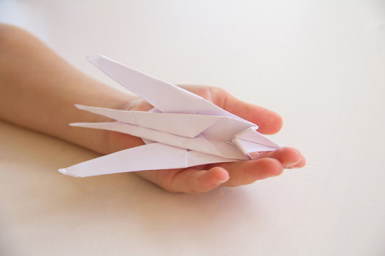 Origami white swallow in human hand on a white isolated background. World Peace Day concept. Close up studio photo.child made bird, craft, hobby and creativity concept