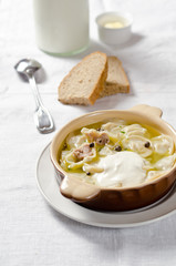 Dumplings in meat broth. Traditional meat dish of Russian cuisine