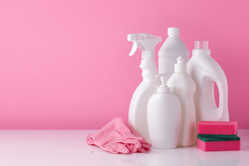 Set of bottles of different cleaning procucts