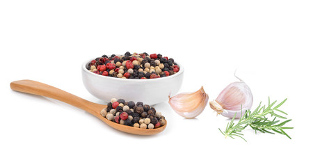 Rosemary and garlic : Coloured pepper  isolated on white background.