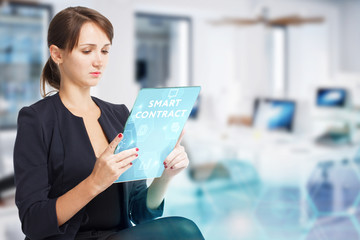 Business, Technology, Internet and network concept. Young businessman working on a virtual screen...