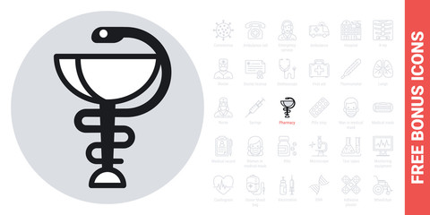 Pharmacy icon with caduceus symbol or hygieia bowl. Simple black and white version. Free bonus icons kit included