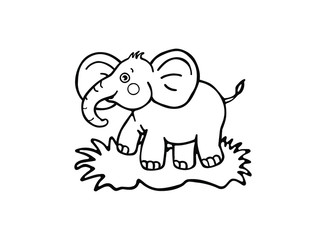 Vector cartoon drawing illustration of cute baby elephant.Coloring book with funny animal for children.Black and white.